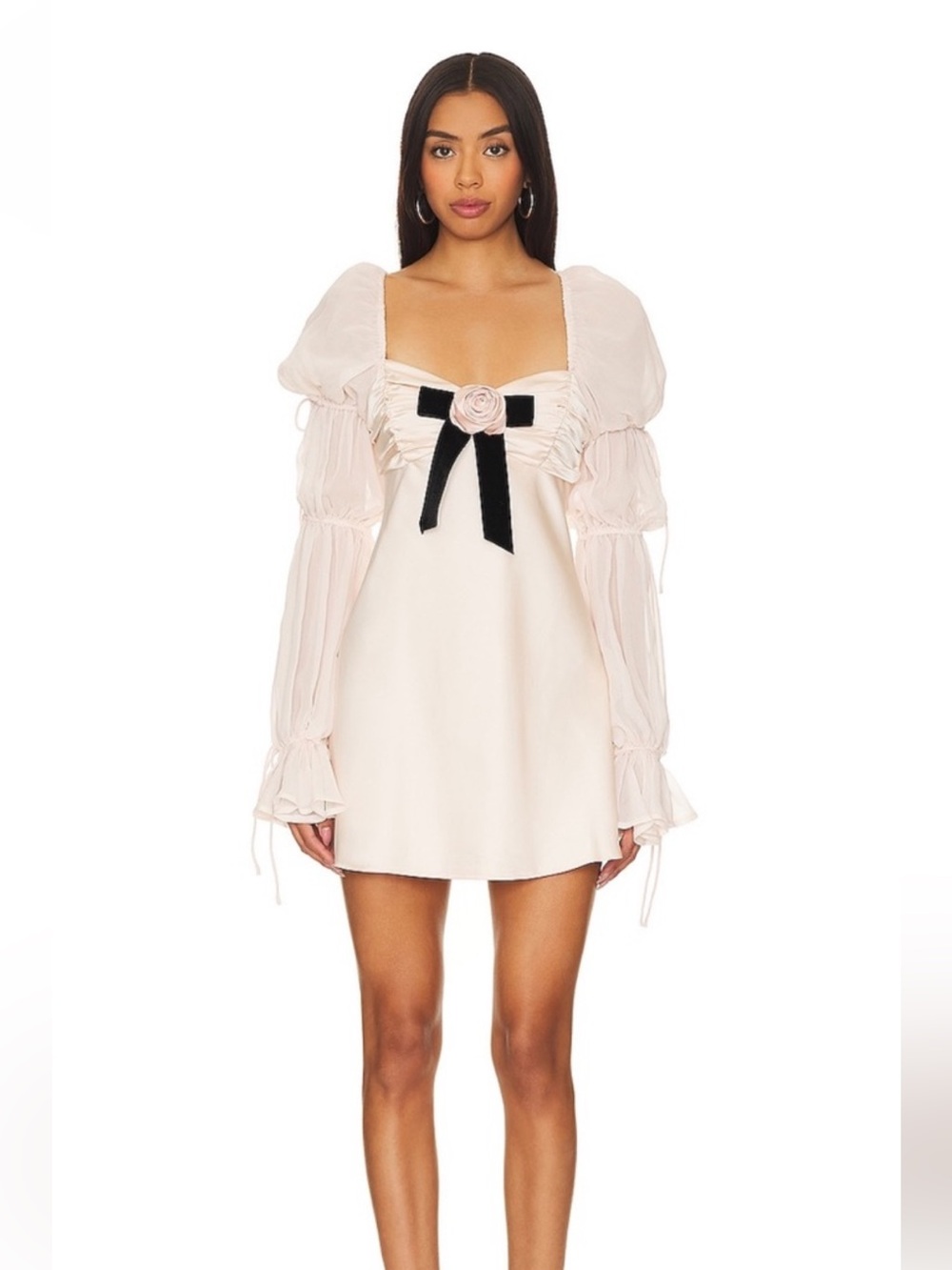 For Love & Lemons Jillian Pink Puff-Sleeve Mini Dress with Black Velvet Bow